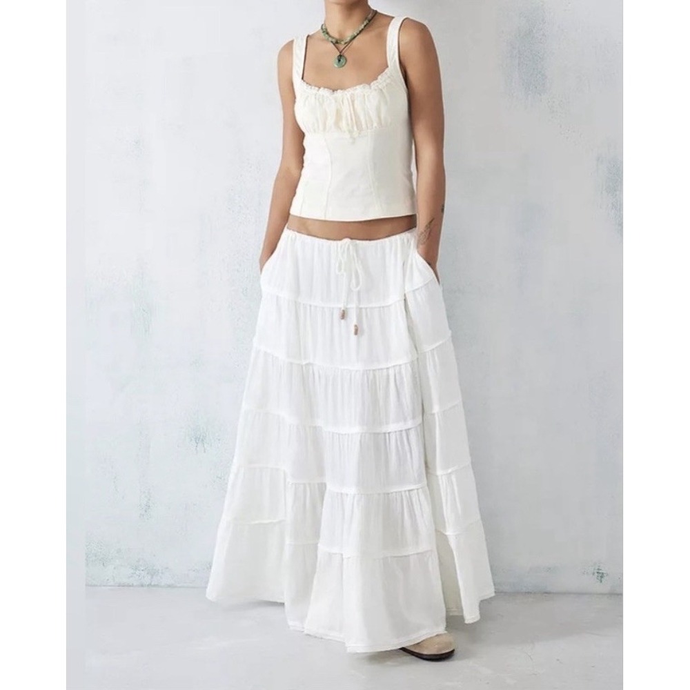Free People Womens L Simply Smitten Maxi Skirt White Boho Cottagecore Beach
